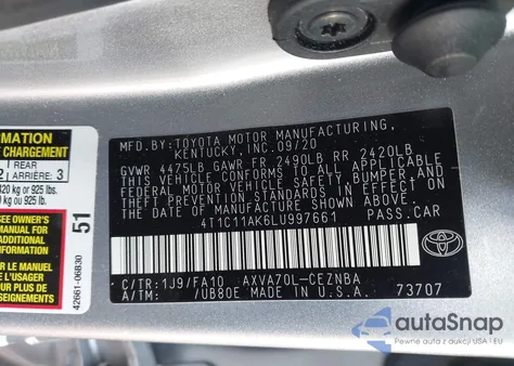 2020 Toyota Camry Le from USA, damaged, VIN 4T1C11AK6LU997661